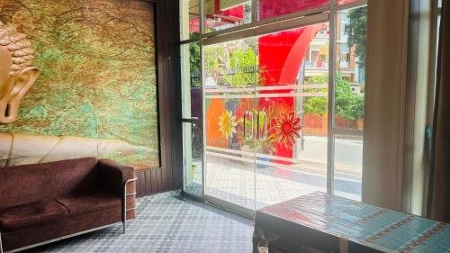 Lobby lounge beside the glass entrance